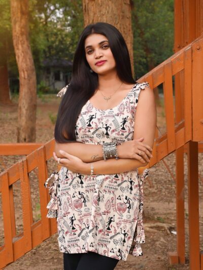 Varniti - Elegant Warli Print Cotton Kurti with Knot Detailing